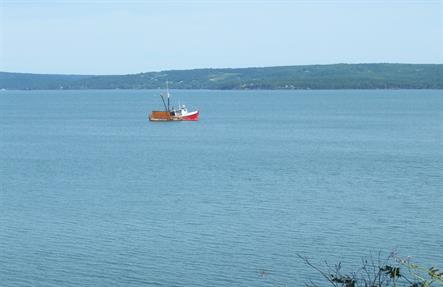 A red-and-white fishing boat sails the rippled waters of the Annapolis Basin near Digby, Nova Scotia.  Half Page size, 2550 x 1650px (300ppi).  Actual image size 8.5 x 5.5".