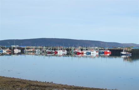 Fishing boats in the harbour at Digby, Nova Scotia are reflected in the calm waters of the receding tide.  Half Page size, 2550 x 1650px (300ppi).  Actual image size 8.5 x 5.5".