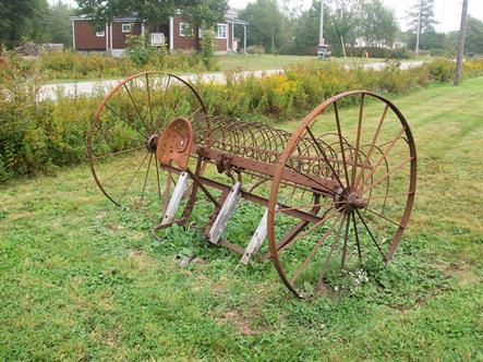 A rusty old harrow sits in a field near St. Bernard, NS.  The circles of the wheels are echoed in the harrow teeth.  Bordered Page size 3000 x 2250px (300ppi).  Actual image size 10 x 7.5".