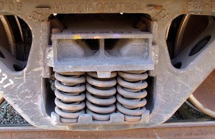 Close-up of heavy-duty springs under a boxcar, with the legend "Motion Control" stamped in the metal over them.  Half Page size 2550 x 1650px (300ppi).  Actual image size 8.5 x 5.5".