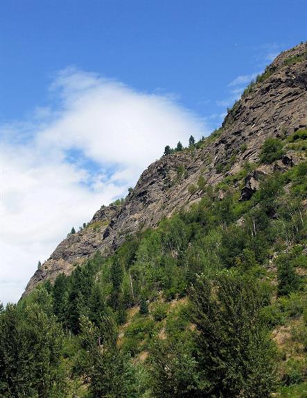 A steep, rocky hillside near Gyro Park is skirted with green trees; a few trees on the hillside are outlined against the blue summer sky.  Feelings of height, unattainable, wilderness.  Quarter Page size 1275 x 1650px (300ppi).  Actual image size 4.25 x 5.5".