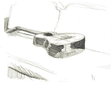 Pencil drawing of an acoustic guitar lying on its back on a couch; plain white background.  From life.  Quarter Page size, 1650 x 1275px (300ppi).  Actual image size 5.5 x 4.25".