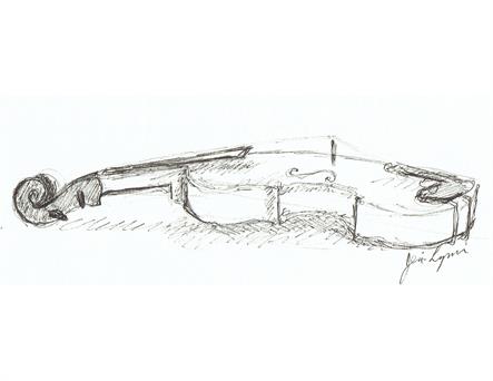 Pen drawing of a fiddle lying on its back.  From a bluegrass festival.  Quarter-Page Size 1650 x 1275px (300ppi). Actual image size 5.5 x 4.25".