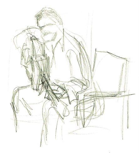 Rough pencil sketch of a seated guitar player rehearsing with an acoustic guitar in his motel on the road.  1425 x 1575px (300ppi).  Actual image size 4.75 x 5.25".