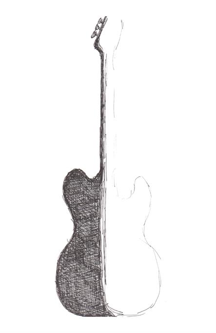 Pen drawing of a Telecaster guitar, one half shaded, the other half just sketchily suggested.  Half-page size, 1650 x 2550px (300ppi).  Actual image size 5.5 x 8.5".