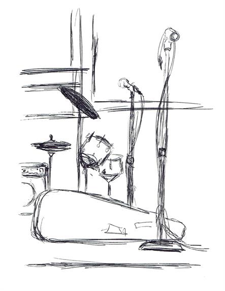 Pen sketch of music equipment set up - drums, microphones, guitar case.  Original is pen on paper.  Quarter Page size 1275 x 1650px.  Actual image size 4.25 x 5.5".