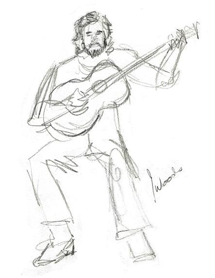 Rough pencil sketch of seated guitarist playing an acoustic guitar, facing front.  Quarter Page size, 1275 x 1650px (300ppi). Actual image size 4.25 x 5.5".