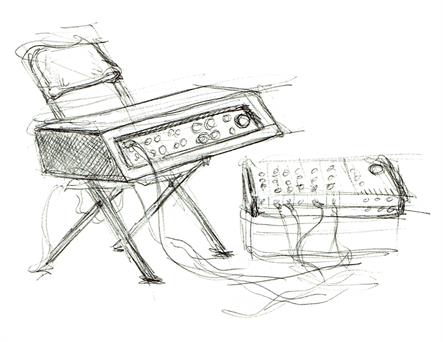 Sketch of PA and sound board on a chair.  Quarter page size 1650 x 1275px (300ppi).  Actual image size 5.5 x 4.25".