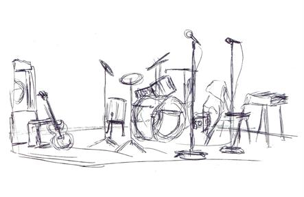 Loose pen sketch of stage set up for band rehearsal - drums, guitar, keyboard, microphones.  Half Page size 2550 x 1650px (300ppi).  Actual image size 8.5 x 5.5".
