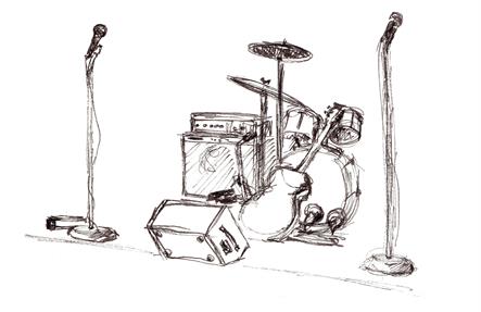 Loose line sketch of music equipment set up on stage - drums, amp, monitor, guitar, microphones.  Original is brown pen on paper.  Half Page size 2550 x 1650px (300ppi).  Actual image size 8.5 x 5.5".